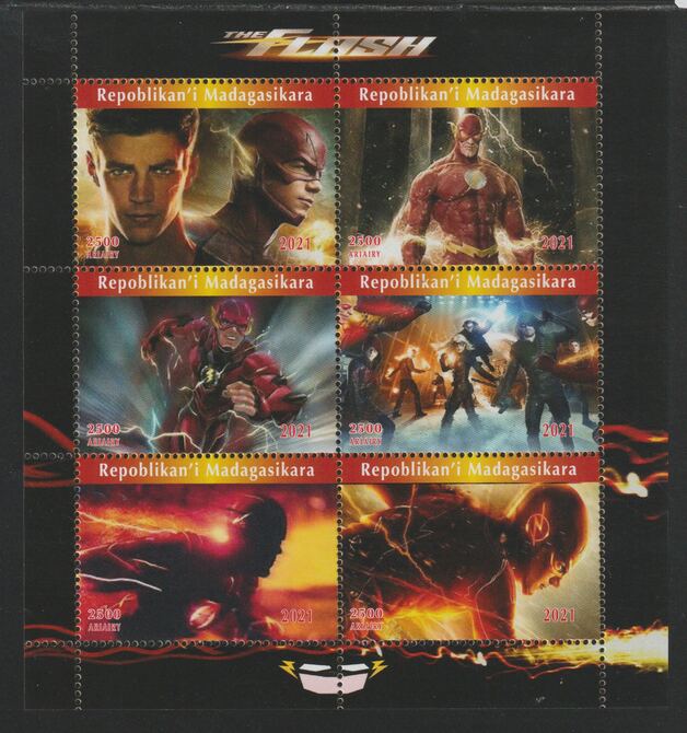 Madagascar 2021 The Flash (TV Series) perf sheetlet containing  set of 6 values unmounted mint, privately produced offered purely on its thematic appeal, stamps on , stamps on  tv , stamps on films, stamps on movies, stamps on cinema, stamps on sci-fi, stamps on 