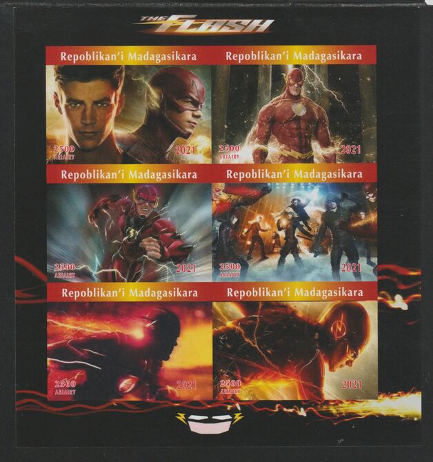 Madagascar 2021 The Flash (TV Series) imperf sheetlet containing  set of 6 values unmounted mint, privately produced offered purely on its thematic appeal, stamps on , stamps on  tv , stamps on films, stamps on movies, stamps on cinema, stamps on sci-fi, stamps on 