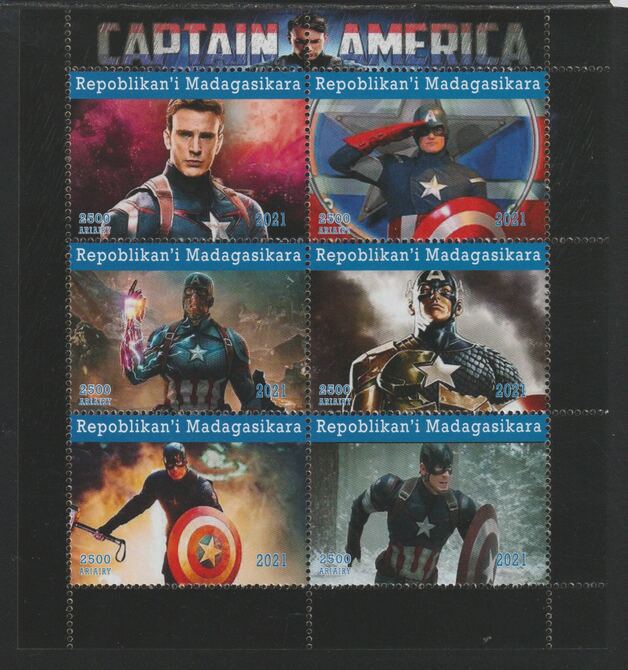 Madagascar 2021 Captain America perf sheetlet containing  set of 6 values unmounted mint, privately produced offered purely on its thematic appeal, stamps on , stamps on  stamps on films, stamps on  stamps on cinema, stamps on  stamps on movies, stamps on  stamps on comics