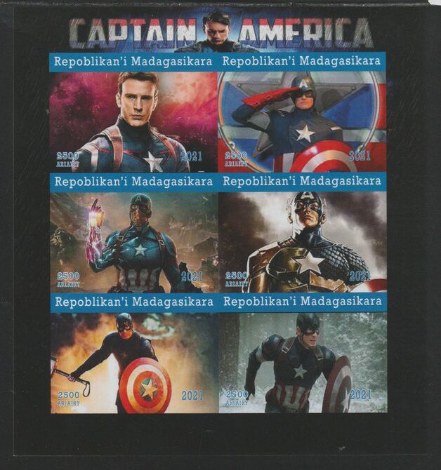 Madagascar 2021 Captain America imperf sheetlet containing  set of 6 values unmounted mint, privately produced offered purely on its thematic appeal, stamps on , stamps on  stamps on films, stamps on  stamps on cinema, stamps on  stamps on movies, stamps on  stamps on comics