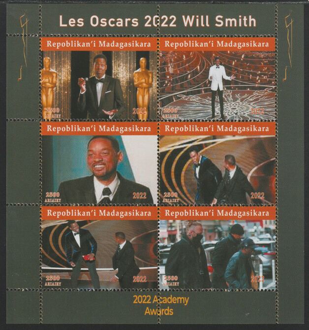 Madagascar 2022 The Oscars - Will Smith perf sheetlet containing  set of 6 values unmounted mint, privately produced offered purely on its thematic appeal, stamps on , stamps on  stamps on personalityies, stamps on  stamps on films, stamps on  stamps on movies, stamps on  stamps on cinema