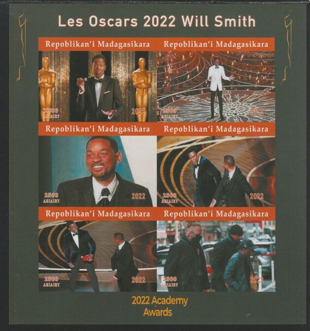 Madagascar 2022 The Oscars - Will Smith imperf sheetlet containing  set of 6 values unmounted mint, privately produced offered purely on its thematic appeal, stamps on personalityies, stamps on films, stamps on movies, stamps on cinema