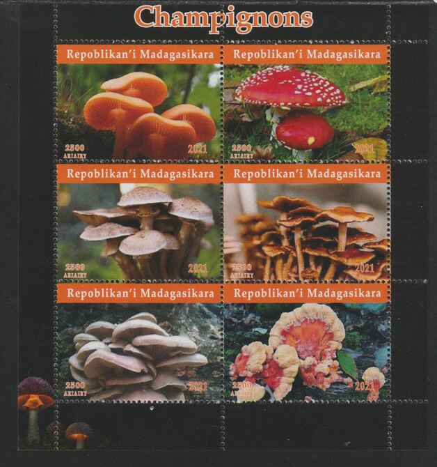 Madagascar 2021 Mushrooms perf sheetlet containing  set of 6 values unmounted mint, privately produced offered purely on its thematic appeal, stamps on fungi