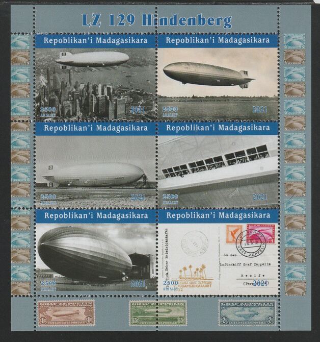 Madagascar 2021 The Hindenberg Airship perf sheetlet containing  set of 6 values unmounted mint, privately produced offered purely on its thematic appeal, stamps on aviation, stamps on airships, stamps on hindenberg, stamps on zeppelin, stamps on stamp on stamp