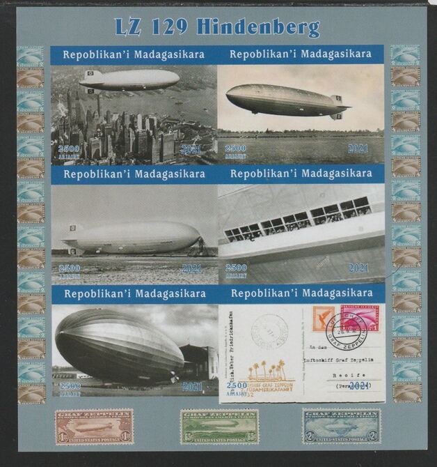 Madagascar 2021 The Hindenberg Airship imperf sheetlet containing  set of 6 values unmounted mint, privately produced offered purely on its thematic appeal, stamps on aviation, stamps on 