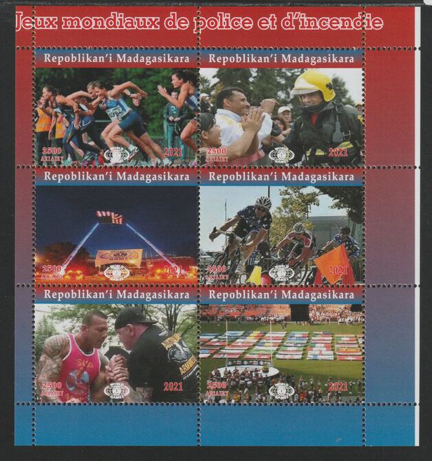 Madagascar 2021 Police & Fire Games perf sheetlet containing  set of 6 values unmounted mint, privately produced offered purely on its thematic appeal, stamps on sport, stamps on police, stamps on fire, stamps on bicycles, stamps on 
