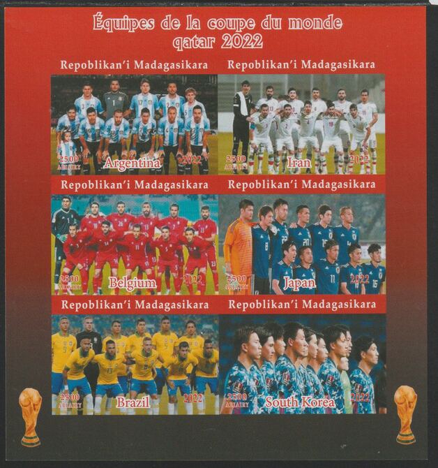Madagascar 2022 Qatar Football World Cup Teams #1  imperf sheetlet containing  set of 6 values unmounted mint, privately produced offered purely on its thematic appeal, stamps on , stamps on  stamps on football