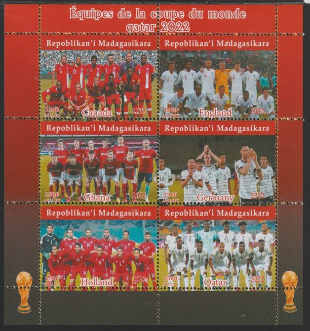 Madagascar 2022 Qatar Football World Cup Teams #2   perf sheetlet containing  set of 6 values unmounted mint, privately produced offered purely on its thematic appeal, stamps on , stamps on  stamps on football