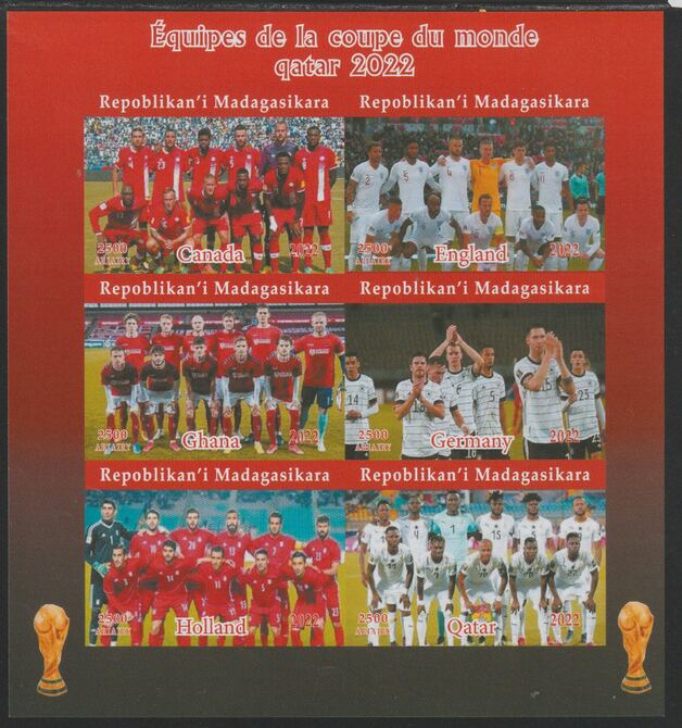 Madagascar 2022 Qatar Football World Cup Teams #2  imperf sheetlet containing  set of 6 values unmounted mint, privately produced offered purely on its thematic appeal, stamps on football, stamps on 
