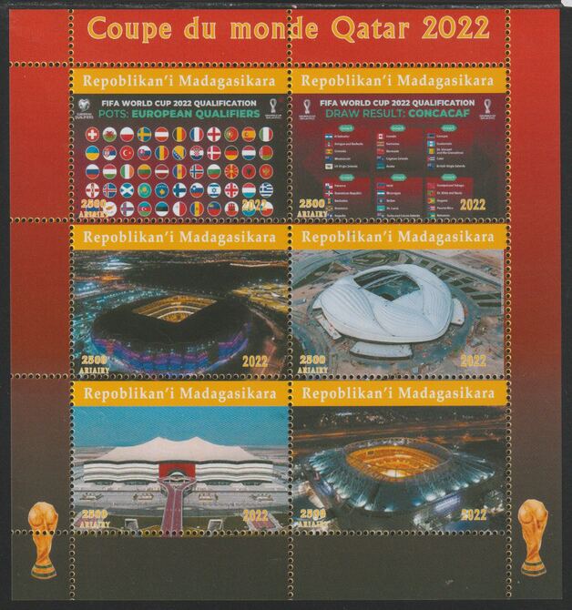 Madagascar 2022 Qatar Football World Cup Stadia #1  perf sheetlet containing  set of 6 values unmounted mint, privately produced offered purely on its thematic appeal, stamps on , stamps on  stamps on football, stamps on  stamps on stadia