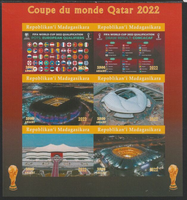 Madagascar 2022 Qatar Football World Cup Stadia #1 imperf sheetlet containing  set of 6 values unmounted mint, privately produced offered purely on its thematic appeal, stamps on , stamps on  stamps on football, stamps on  stamps on stadia