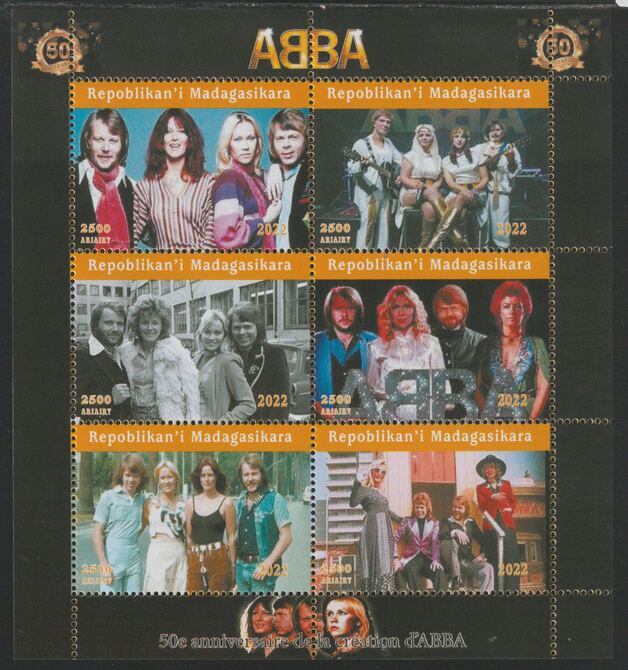 Madagascar 2022 Abba 50th Anniversary perf sheetlet containing  set of 6 values unmounted mint, privately produced offered purely on its thematic appeal, stamps on pops, stamps on rock, stamps on music, stamps on abba