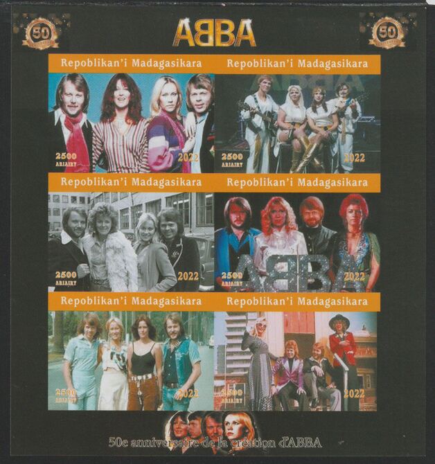 Madagascar 2022 Abba 50th Anniversary imperf sheetlet containing  set of 6 values unmounted mint, privately produced offered purely on its thematic appeal, stamps on pops, stamps on rock, stamps on music, stamps on abba