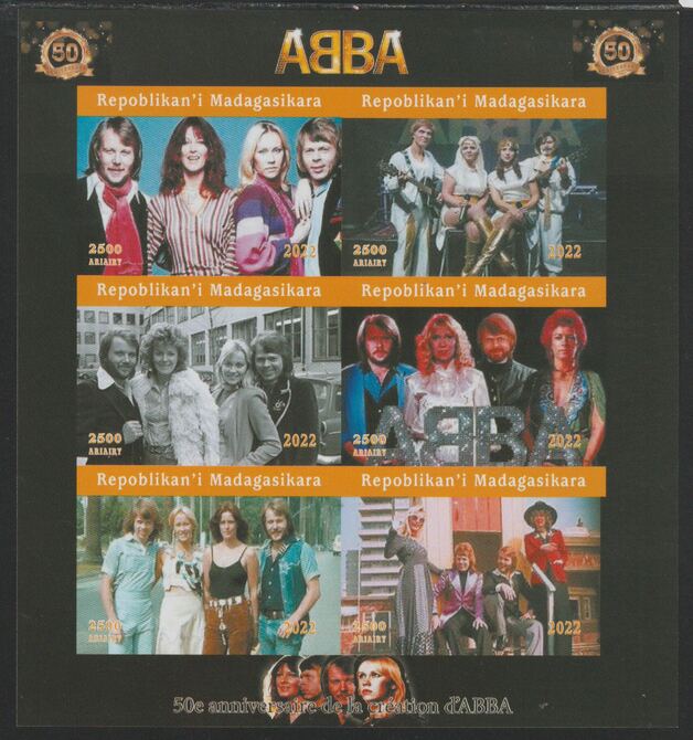 Madagascar 2022 Abba 50th Anniversary imperf sheetlet containing  set of 6 values unmounted mint, privately produced offered purely on its thematic appeal, stamps on , stamps on  stamps on pops, stamps on  stamps on rock, stamps on  stamps on music, stamps on  stamps on abba