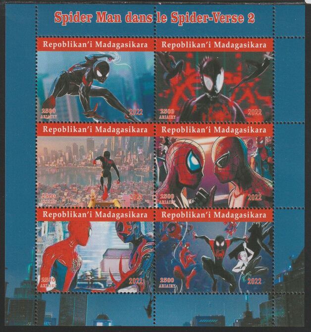 Madagascar 2022 Spider Man perf sheetlet containing  set of 6 values unmounted mint, privately produced offered purely on its thematic appeal, stamps on , stamps on  stamps on films, stamps on  stamps on cinema, stamps on  stamps on movies, stamps on  stamps on spider man, stamps on  stamps on sci-fi, stamps on  stamps on comics