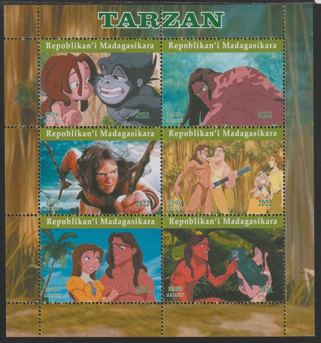 Madagascar 2022 Tarzan perf sheetlet containing  set of 6 values unmounted mint, privately produced offered purely on its thematic appeal, stamps on films, stamps on cinema, stamps on movies, stamps on tarzani, stamps on comics