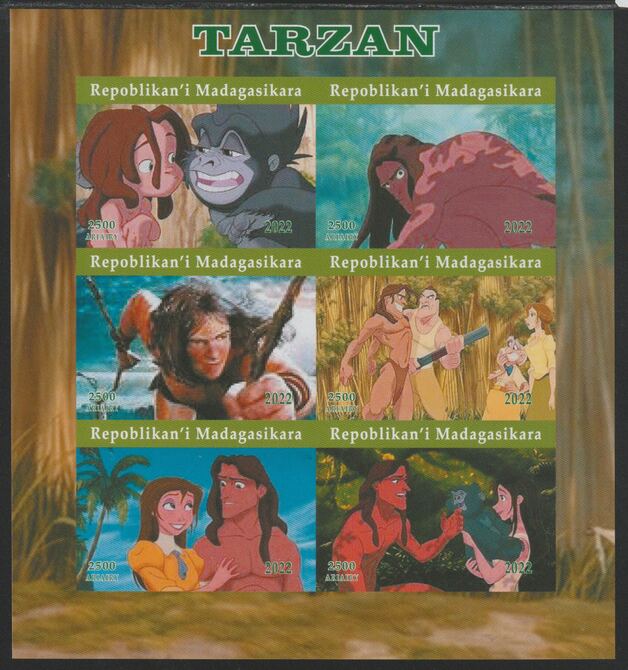 Madagascar 2022 Tarzan imperf sheetlet containing  set of 6 values unmounted mint, privately produced offered purely on its thematic appeal, stamps on films, stamps on cinema, stamps on movies, stamps on tarzani, stamps on comics