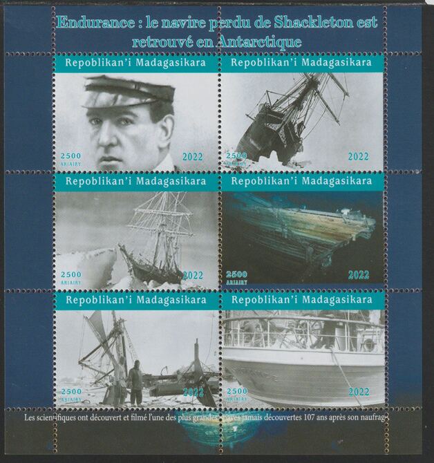 Madagascar 2022 Shackleton & Endurance #1 perf sheetlet containing  set of 6 values unmounted mint, privately produced offered purely on its thematic appeal, stamps on personalities, stamps on explorers, stamps on shackleton, stamps on ships, stamps on endurance, stamps on polar