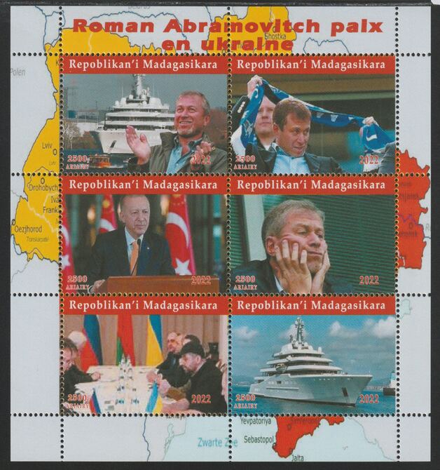 Madagascar 2022 Peace in Ukraine perf sheetlet containing  set of 6 values unmounted mint, privately produced offered purely on its thematic appeal, stamps on personalities, stamps on peace, stamps on ships, stamps on battles, stamps on maps