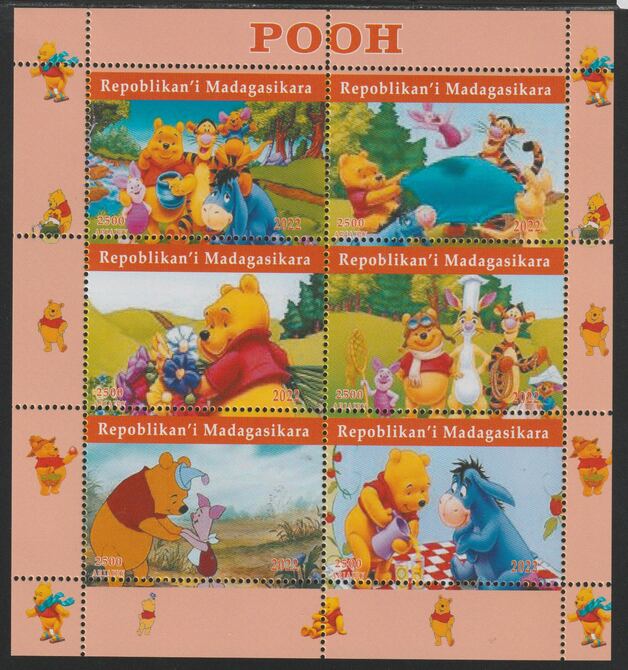 Madagascar 2022 Pooh perf sheetlet containing  set of 6 values unmounted mint, privately produced offered purely on its thematic appeal, stamps on , stamps on  stamps on films, stamps on  stamps on cinema, stamps on  stamps on movies, stamps on  stamps on pooh, stamps on  stamps on disney