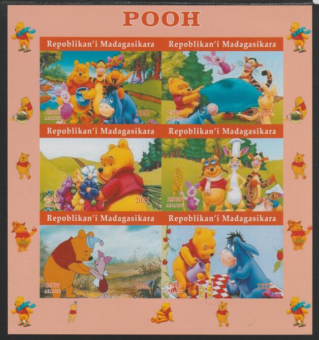 Madagascar 2022 Pooh imperf sheetlet containing  set of 6 values unmounted mint, privately produced offered purely on its thematic appeal, stamps on , stamps on  stamps on films, stamps on  stamps on cinema, stamps on  stamps on movies, stamps on  stamps on pooh, stamps on  stamps on disney