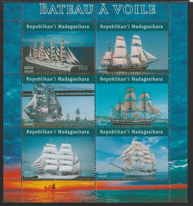 Madagascar 2022 Sailing Ships perf sheetlet containing  set of 6 values unmounted mint, privately produced offered purely on its thematic appeal, stamps on , stamps on  stamps on ships, stamps on  stamps on bridges