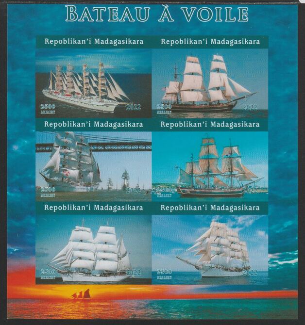 Madagascar 2022 Sailing Ships imperf sheetlet containing  set of 6 values unmounted mint, privately produced offered purely on its thematic appeal, stamps on , stamps on  stamps on ships, stamps on  stamps on bridges