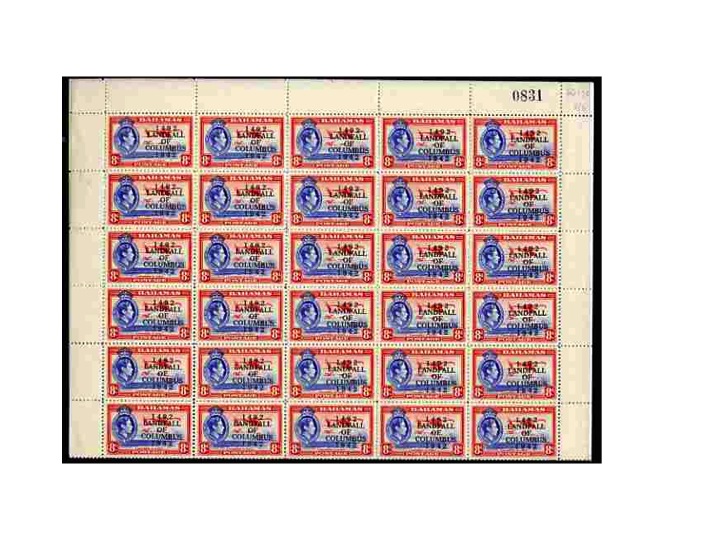 Bahamas 1942 KG6 Landfall of Columbus 8d ultramarine & scarlet (Flamingos) complete sheet of 60 including overprint varieties R6/2 (Broken 2), R7/1 (Co.lumbus) among others, a few split perfs otherwise fine unmounted mint, stamps on , stamps on  stamps on , stamps on  stamps on  kg6 , stamps on  stamps on varieties, stamps on  stamps on columbus, stamps on  stamps on explorers, stamps on  stamps on birds, stamps on  stamps on flamingos