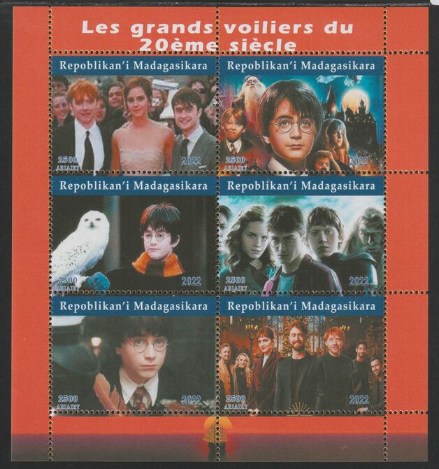 Madagascar 2022 Harry Potter perf sheetlet containing  set of 6 values unmounted mint, privately produced offered purely on its thematic appeal, stamps on , stamps on  stamps on films, stamps on  stamps on cinema, stamps on  stamps on movies, stamps on  stamps on harry potter, stamps on  stamps on 