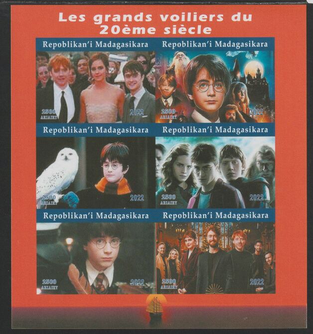 Madagascar 2022 Harry Potter imperf sheetlet containing  set of 6 values unmounted mint, privately produced offered purely on its thematic appeal, stamps on , stamps on  stamps on films, stamps on  stamps on cinema, stamps on  stamps on movies, stamps on  stamps on harry potter, stamps on  stamps on 