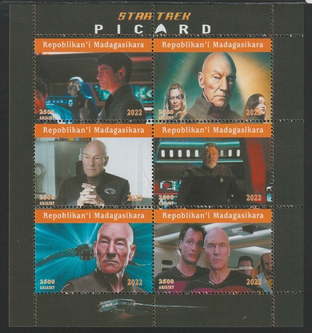 Madagascar 2022 Star Trek Picard perf sheetlet containing  set of 6 values unmounted mint, privately produced offered purely on its thematic appeal, stamps on , stamps on  stamps on films, stamps on  stamps on cinema, stamps on  stamps on movies, stamps on  stamps on star trek, stamps on  stamps on picard, stamps on  stamps on sci-fi