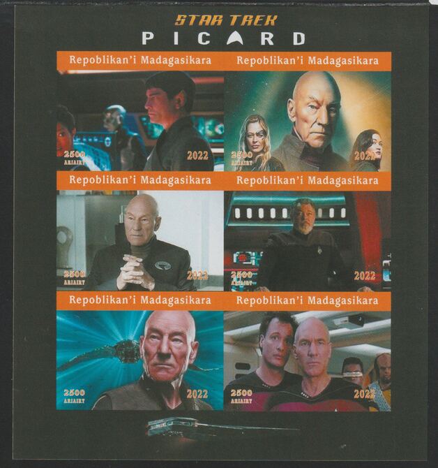 Madagascar 2022 Star Trek Picard imperf sheetlet containing  set of 6 values unmounted mint, privately produced offered purely on its thematic appeal, stamps on , stamps on  stamps on films, stamps on  stamps on cinema, stamps on  stamps on movies, stamps on  stamps on star trek, stamps on  stamps on picard, stamps on  stamps on sci-fi