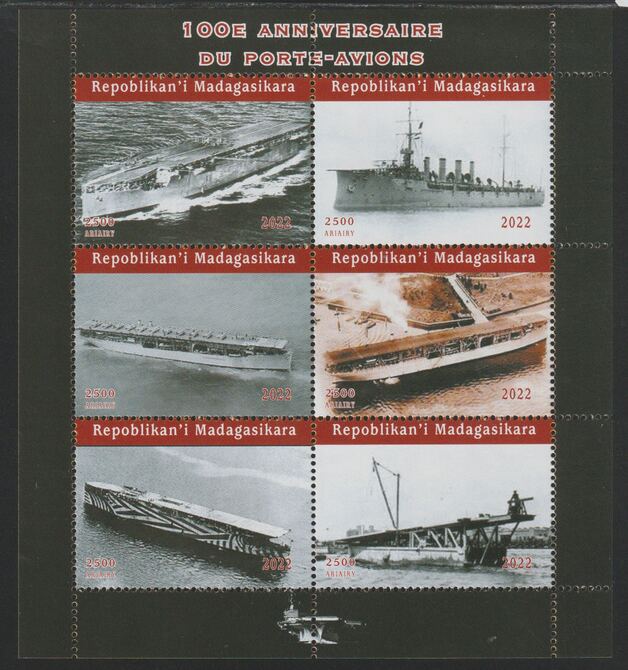 Madagascar 2022 Centenary of Aircraft Carriers perf sheetlet containing  set of 6 values unmounted mint, privately produced offered purely on its thematic appeal, stamps on , stamps on  stamps on ships, stamps on  stamps on aircraft carriers, stamps on  stamps on flat tops, stamps on  stamps on 
