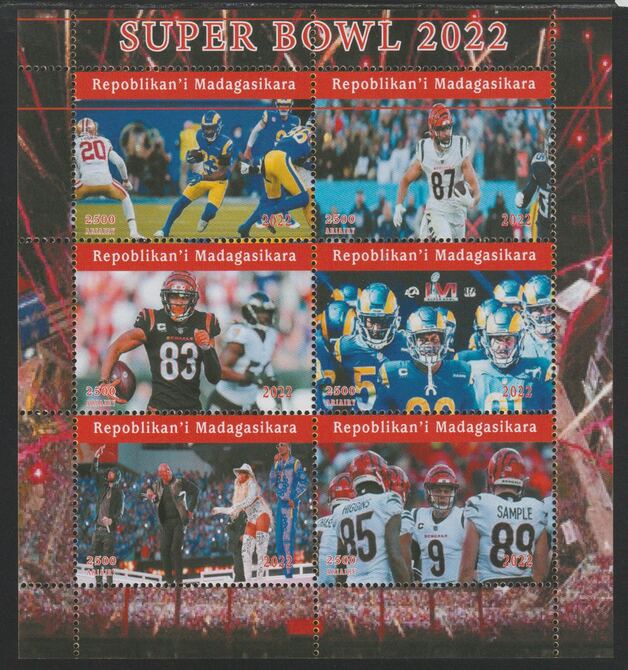 Madagascar 2022 Super Bowl perf sheetlet containing  set of 6 values unmounted mint, privately produced offered purely on its thematic appeal, stamps on , stamps on  stamps on super bowl, stamps on  stamps on american football