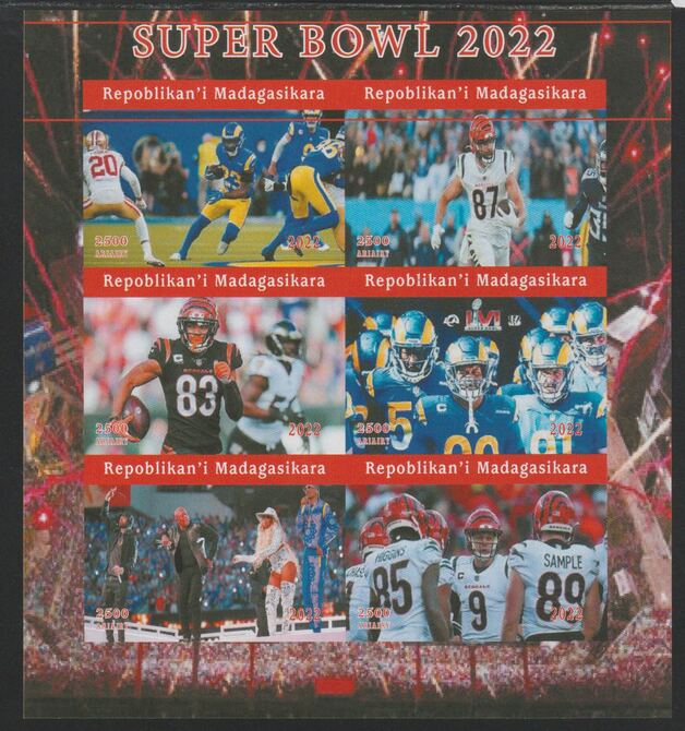 Madagascar 2022 Super Bowl imperf sheetlet containing  set of 6 values unmounted mint, privately produced offered purely on its thematic appeal, stamps on super bowl, stamps on american football