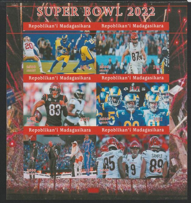 Madagascar 2022 Super Bowl imperf sheetlet containing  set of 6 values unmounted mint, privately produced offered purely on its thematic appeal, stamps on , stamps on  stamps on super bowl, stamps on  stamps on american football