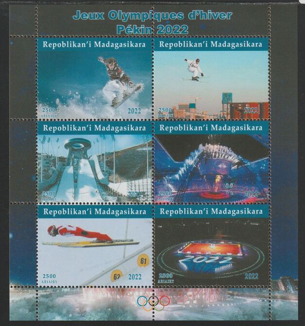 Madagascar 2022 Pekin Winter Olympics perf sheetlet containing  set of 6 values unmounted mint, privately produced offered purely on its thematic appeal, stamps on olympics, stamps on skiing