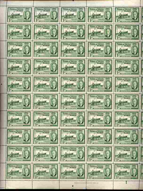 Turks & Caicos Islands 1950 KG6 Bulk Salt Loading 1/2d green in complete sheet of 60 folded but unmounted mint, SG 221, stamps on , stamps on  stamps on salt, stamps on  stamps on herbs, stamps on  stamps on spices, stamps on  stamps on food, stamps on  stamps on , stamps on  stamps on  kg6 , stamps on  stamps on , stamps on  stamps on minerals