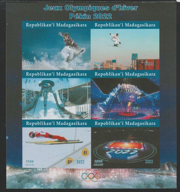 Madagascar 2022 Pekin Winter Olympics imperf sheetlet containing  set of 6 values unmounted mint, privately produced offered purely on its thematic appeal, stamps on , stamps on  stamps on olympics, stamps on  stamps on skiing