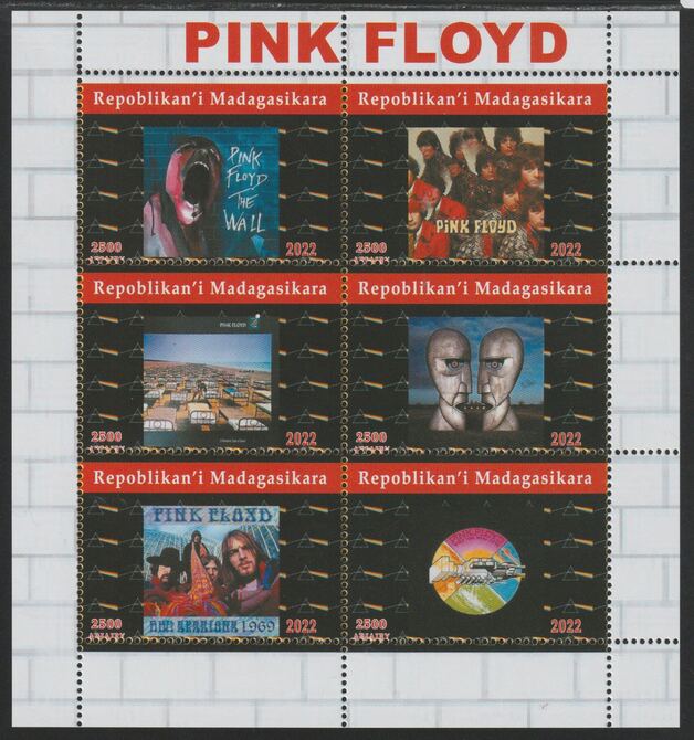 Madagascar 2022 Pink Floyd perf sheetlet containing  set of 6 values unmounted mint, privately produced offered purely on its thematic appeal, stamps on music, stamps on pops, stamps on rock, stamps on 
