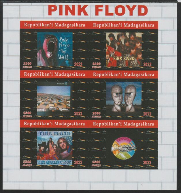 Madagascar 2022 Pink Floyd imperf sheetlet containing  set of 6 values unmounted mint, privately produced offered purely on its thematic appeal, stamps on music, stamps on pops, stamps on rock, stamps on 
