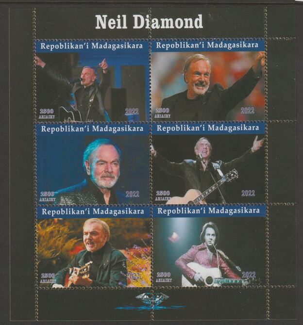 Madagascar 2022 Neil Diamond perf sheetlet containing  set of 6 values unmounted mint, privately produced offered purely on its thematic appeal, stamps on , stamps on  stamps on personalities, stamps on  stamps on music, stamps on  stamps on pops, stamps on  stamps on rock, stamps on  stamps on diamond