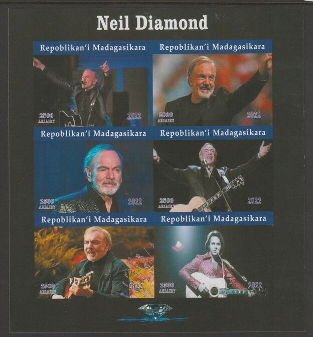 Madagascar 2022 Neil Diamond imperf sheetlet containing  set of 6 values unmounted mint, privately produced offered purely on its thematic appeal, stamps on personalities, stamps on music, stamps on pops, stamps on rock, stamps on diamond