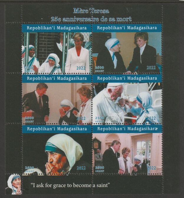 Madagascar 2022 Mother Teresa perf sheetlet containing  set of 6 values unmounted mint, privately produced offered purely on its thematic appeal, stamps on , stamps on  stamps on personalities, stamps on  stamps on teresa, stamps on  stamps on diana, stamps on  stamps on royalty, stamps on  stamps on pope, stamps on  stamps on 