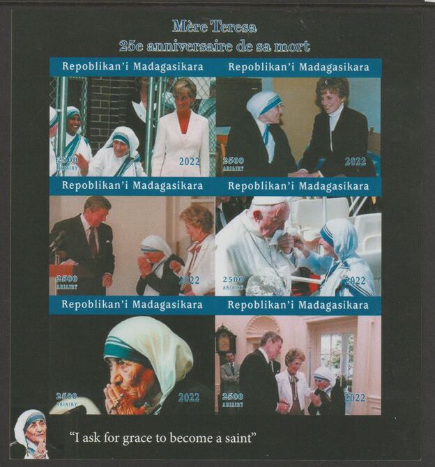 Madagascar 2022 Mother Teresa imperf sheetlet containing  set of 6 values unmounted mint, privately produced offered purely on its thematic appeal, stamps on personalities, stamps on teresa, stamps on diana, stamps on royalty, stamps on pope, stamps on 