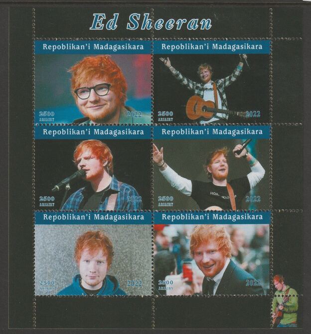 Madagascar 2022 Ed Shearan perf sheetlet containing  set of 6 values unmounted mint, privately produced offered purely on its thematic appeal, stamps on personalities, stamps on music, stamps on pops, stamps on rock, stamps on shearan