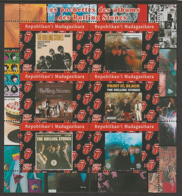 Madagascar 2022 Rolling Stones Album Covers perf sheetlet containing  set of 6 values unmounted mint, privately produced offered purely on its thematic appeal, stamps on personalities, stamps on music, stamps on pops, stamps on rock, stamps on rolling stones