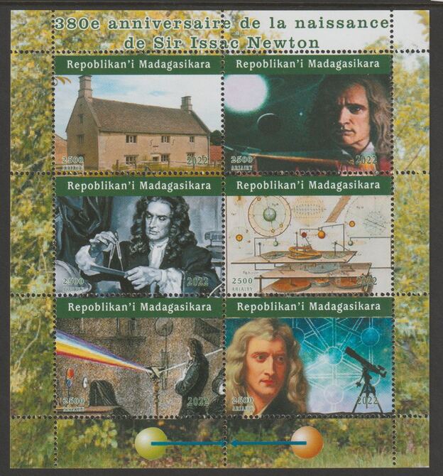 Madagascar 2022 Isaac Newton 380th Birth Anniversary perf sheetlet containing  set of 6 values unmounted mint, privately produced offered purely on its thematic appeal, stamps on personalities, stamps on newton, stamps on science, stamps on telescopes