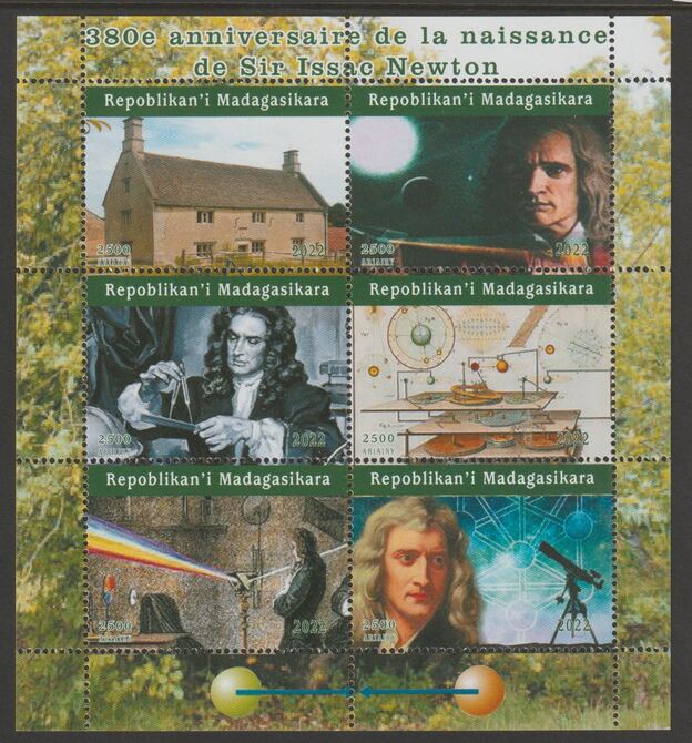 Madagascar 2022 Isaac Newton 380th Birth Anniversary perf sheetlet containing  set of 6 values unmounted mint, privately produced offered purely on its thematic appeal, stamps on personalities, stamps on newton, stamps on science, stamps on telescopes