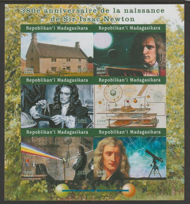 Madagascar 2022 Isaac Newton 380th Birth Anniversary imperf sheetlet containing  set of 6 values unmounted mint, privately produced offered purely on its thematic appeal, stamps on , stamps on  stamps on personalities, stamps on  stamps on newton, stamps on  stamps on science, stamps on  stamps on telescopes